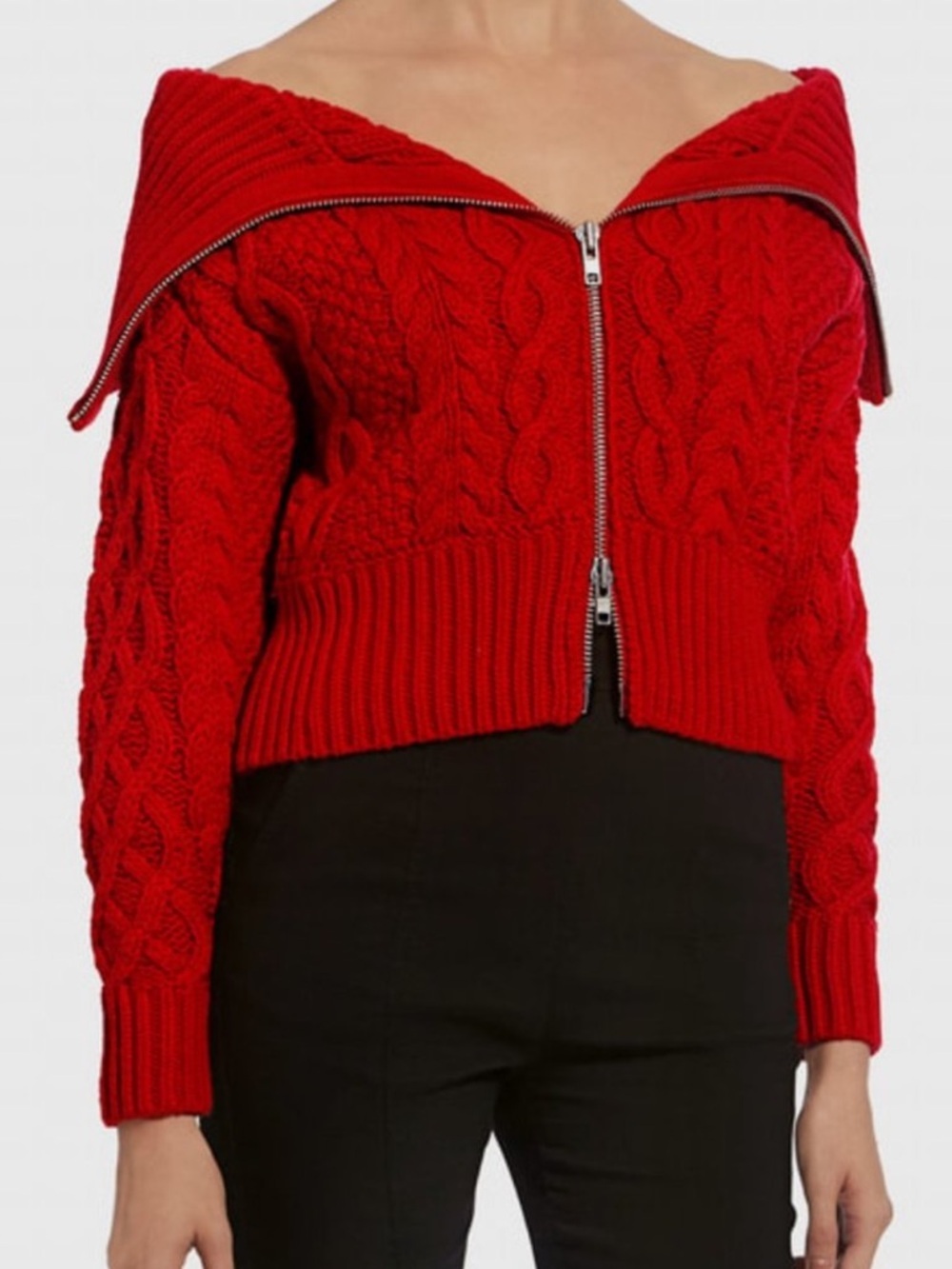 Self Portrait Red Long Cable Knit Cardigan Zip Up NWT Size S